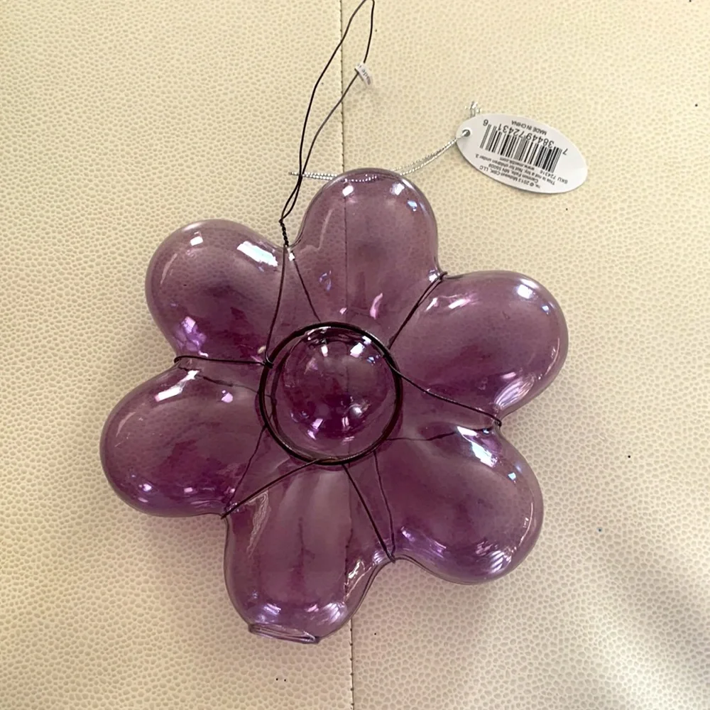 Glass Blown Ornament Purple NWT Vintage Design Style Sparkle Flower Christmas
